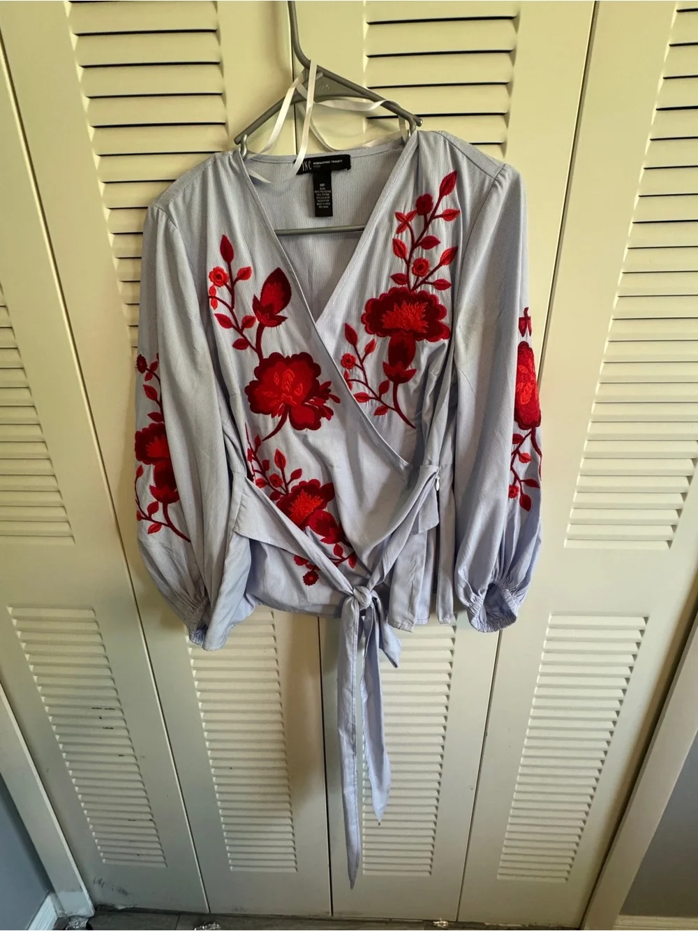 INC International Concepts Pale Blue Wrap Blouse with Red Floral Embroidery